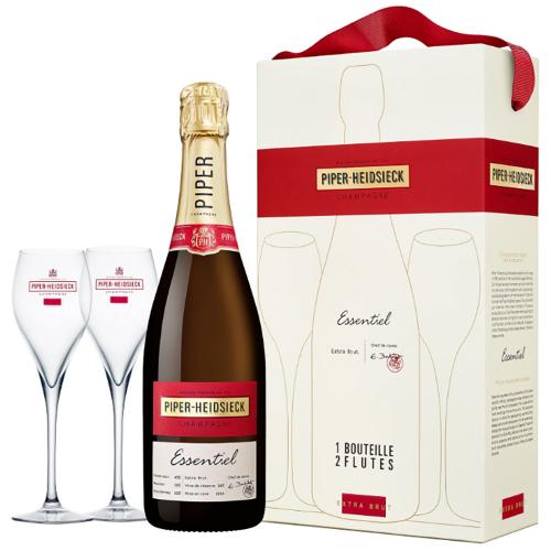 Champagne Extra Brut Cuvee Reserve Essentiel Piper-Heidsieck Glass Pack con 2 Flute