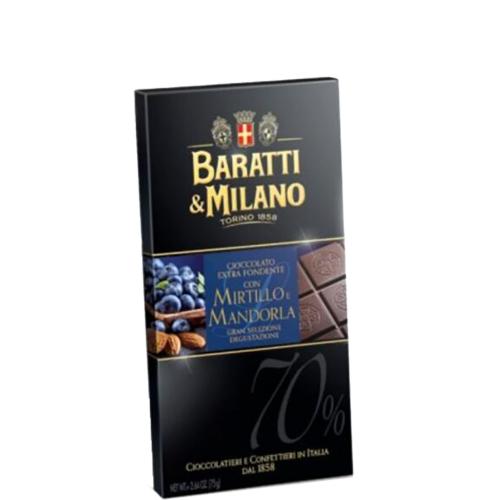 Tavoletta al Cioccolato Fondente Extra 70% con Mirtillo e Mandorla Baratti & Milano 75 Gr.