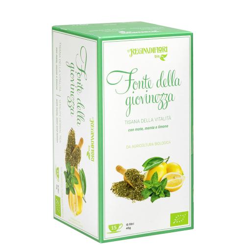 Tisana Bio FONTE DELLA GIOVINEZZA con Mate, Mena e Limone Regina di Fiori Confezione 15 Filtri da 3 Gr.