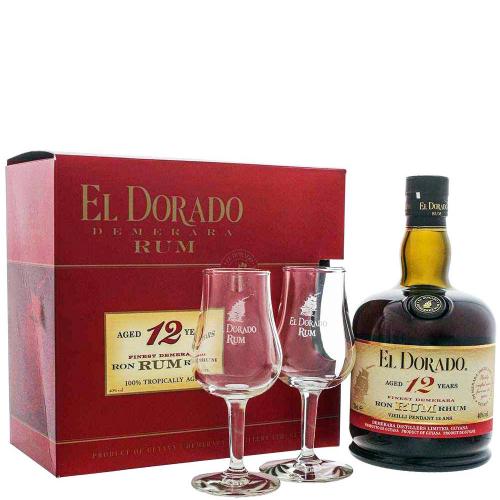 Rum Guyana Demerara Aged 12 Years El Dorado 70 Cl Glass Pack con 2 Bicchieri