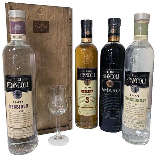 Confezione Maria Maddalena 3 Grappe + 1 Amaro + 6 Bicchieri Luigi Francoli 70 Cl Cofanetto in Legno
